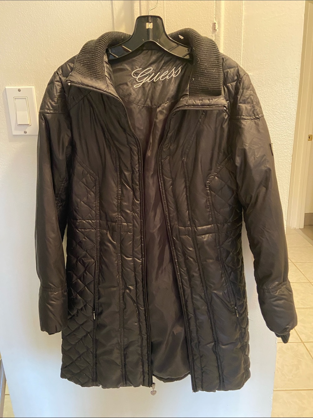 Guess Black Quilted Long Puffer Coat
